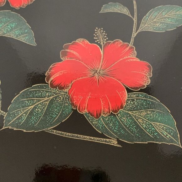 Vintage Black Lacquerware Style Hummingbird Red Hibiscus Plastic Serving Tray - Picture 6 of 9